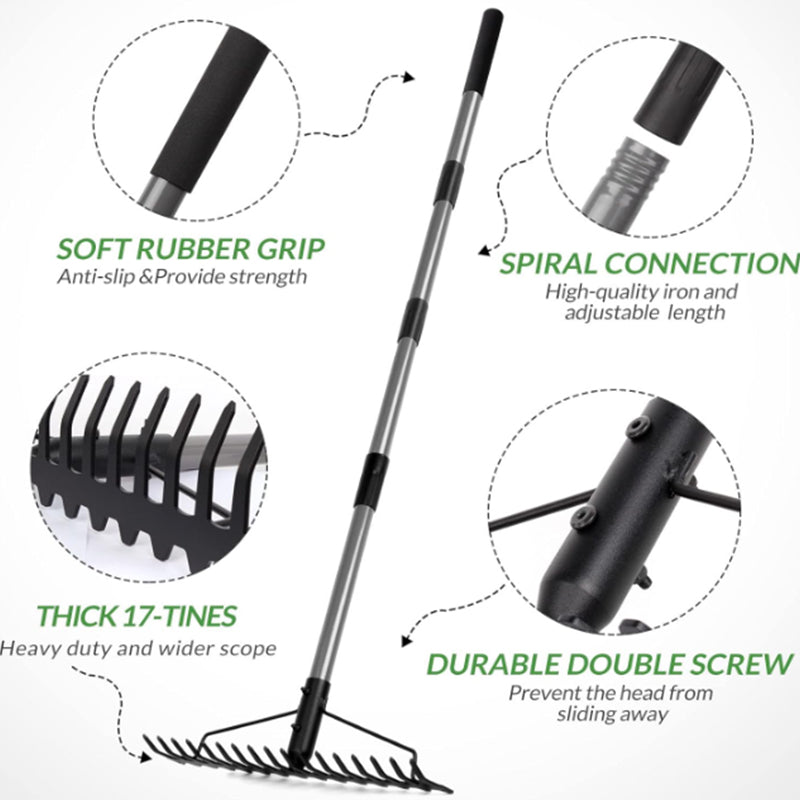 Multifunctional grass rake 17 Steel Tines Metal Head with Stainless Steel Handle