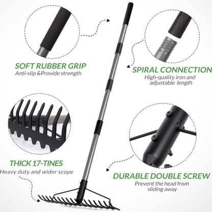 Multifunctional grass rake 17 Steel Tines Metal Head with Stainless Steel Handle