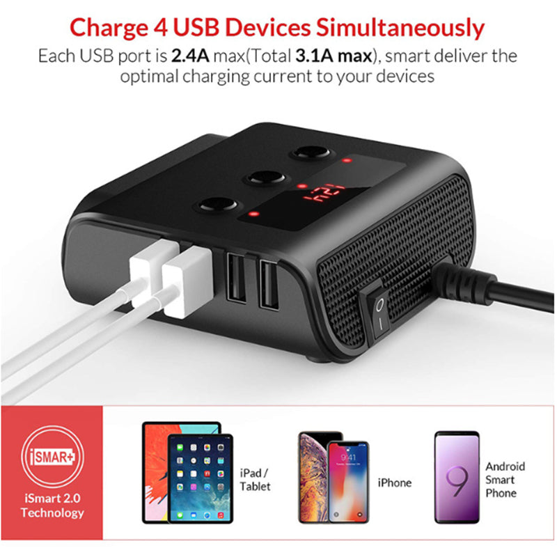 Car Cigarette Lighter Adapter 12V/24V 3-Sockets Vehicles Lighter with 4 USB