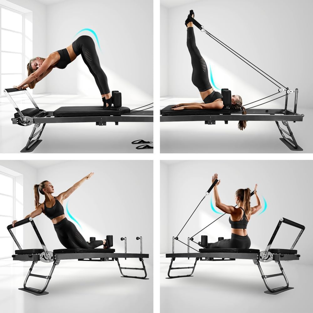 Foldable Pilates Reformer With Headrest Black