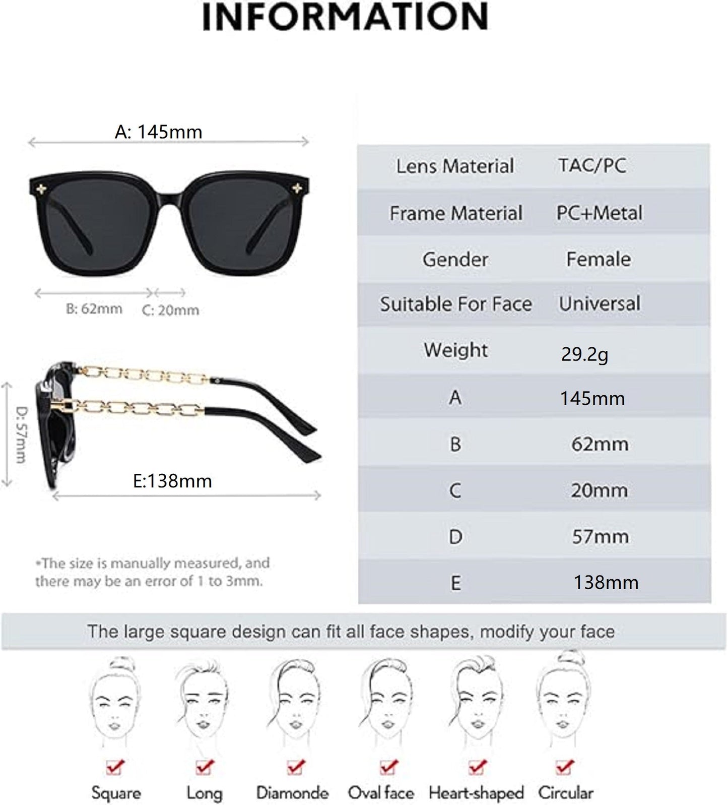 ECOTREK Women’s Oversized Sunglasses – UV400 Retro Square Fashion Shades