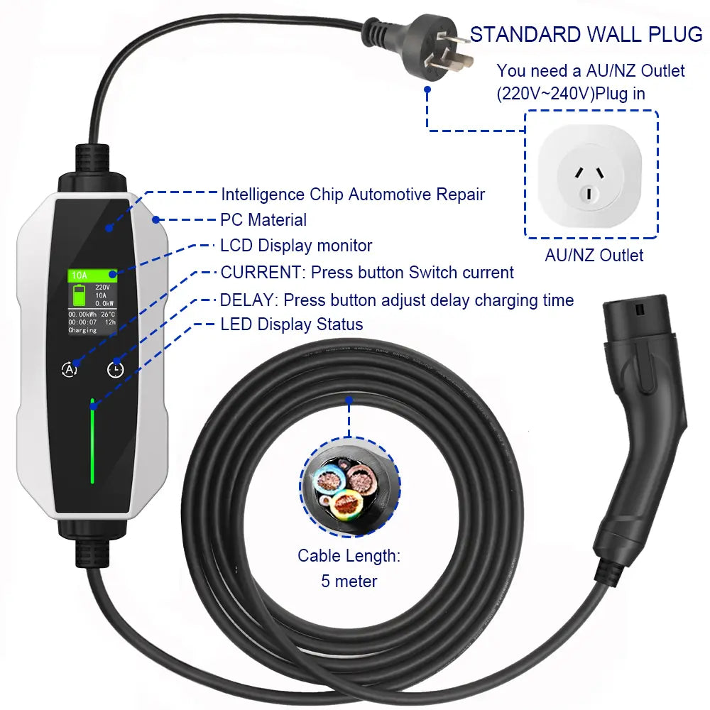 Portable EV Charger Type 2 (10A, 2.3kW)