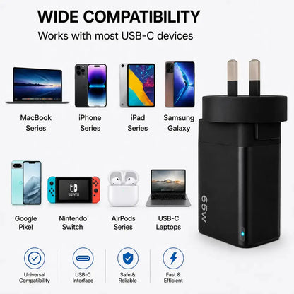 65W GaN Fast Wall Charger Dual USB-C PD 3.0 Power Adapter for Laptop, Tablet & Smartphone (Black)