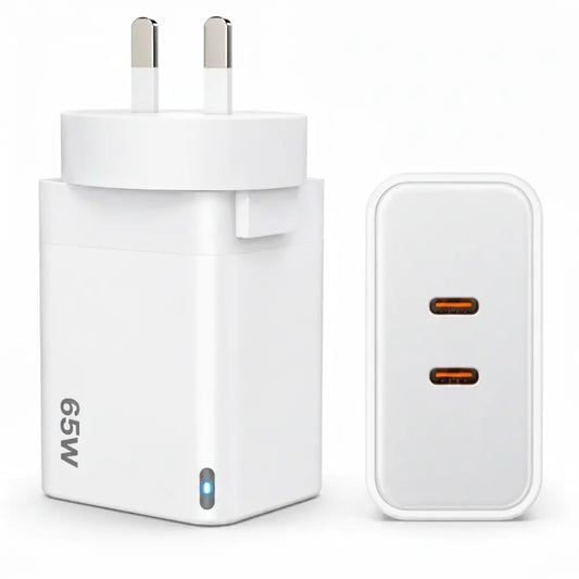 65W GaN Fast Wall Charger Dual USB-C PD 3.0 Power Adapter for Laptop, Tablet & Smartphone (White)