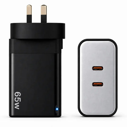 65W GaN Fast Wall Charger Dual USB-C PD 3.0 Power Adapter for Laptop, Tablet & Smartphone (Black)