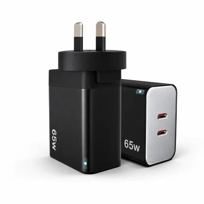 65W GaN Fast Wall Charger Dual USB-C PD 3.0 Power Adapter for Laptop, Tablet & Smartphone (Black)