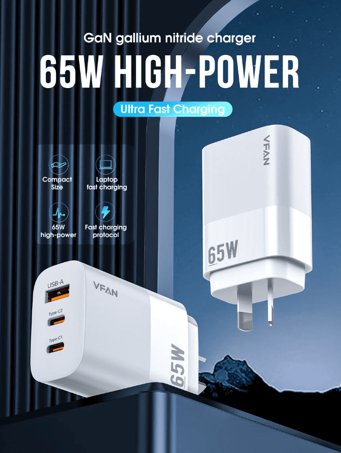 65W GaN Ultra Fast Charger – Triple-Port Charging Solution for All Your Devices