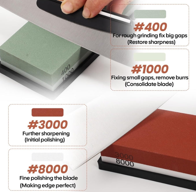 Knife Sharpening Stone Set, 4 Side Grit 400/1000, 3000/8000 Whetstone, Wet Stone Sharpener Stone Kit