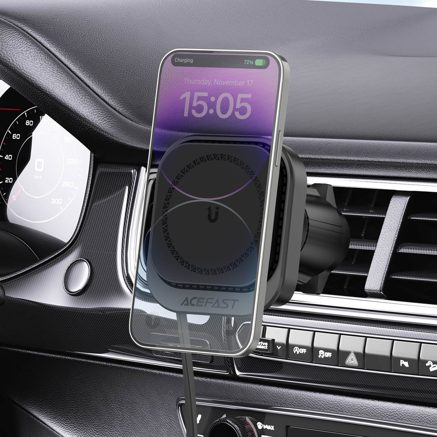 Acefast Magnetic 15W Wireless Car Charging Holder With Retractable Type-C Cable D32