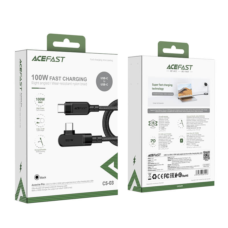 Acefast 100W 2M USB-C to USB-C TPE W Right Angled Aluminum Charging Data Cable C5-03