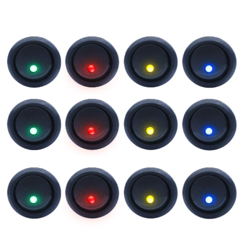 12 pcs 12V Round Rocker Switch Lighted SPST Switch Blue LED Light up 20A 3