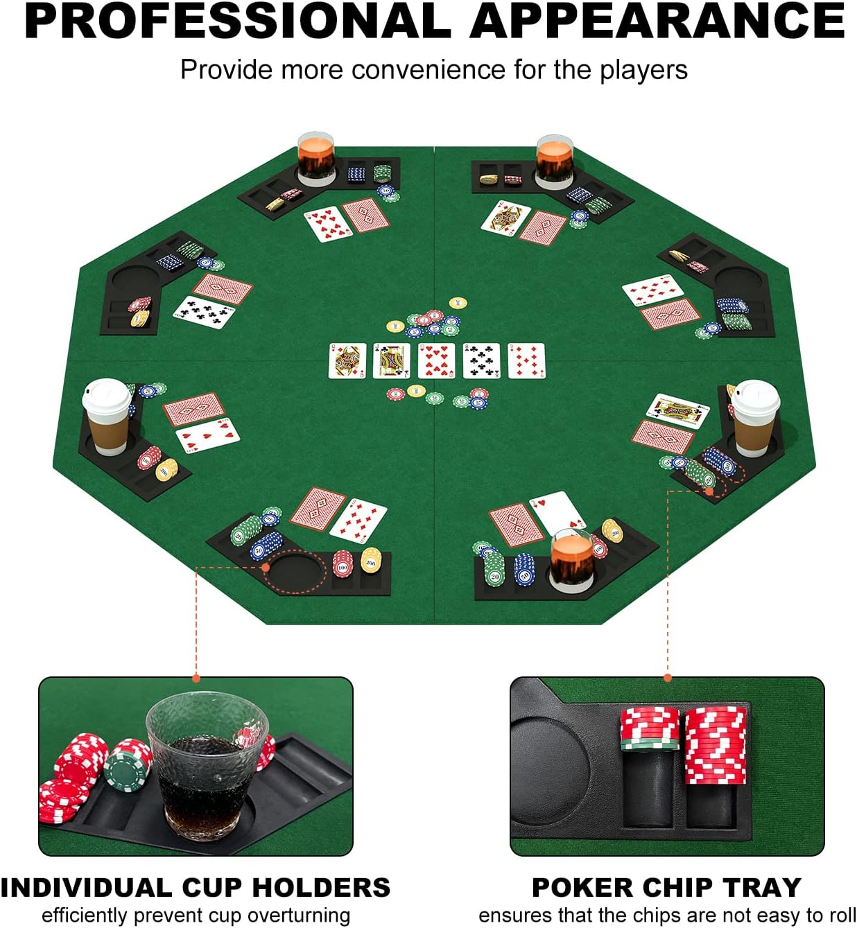 48 Inch Foldable Poker Table Top for 8 Players Chips Tray & Cup Holders Texas