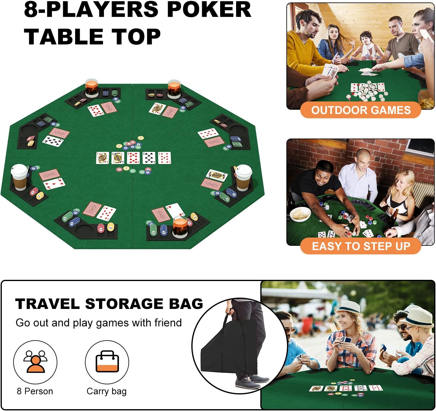 48 Inch Foldable Poker Table Top for 8 Players Chips Tray & Cup Holders Texas