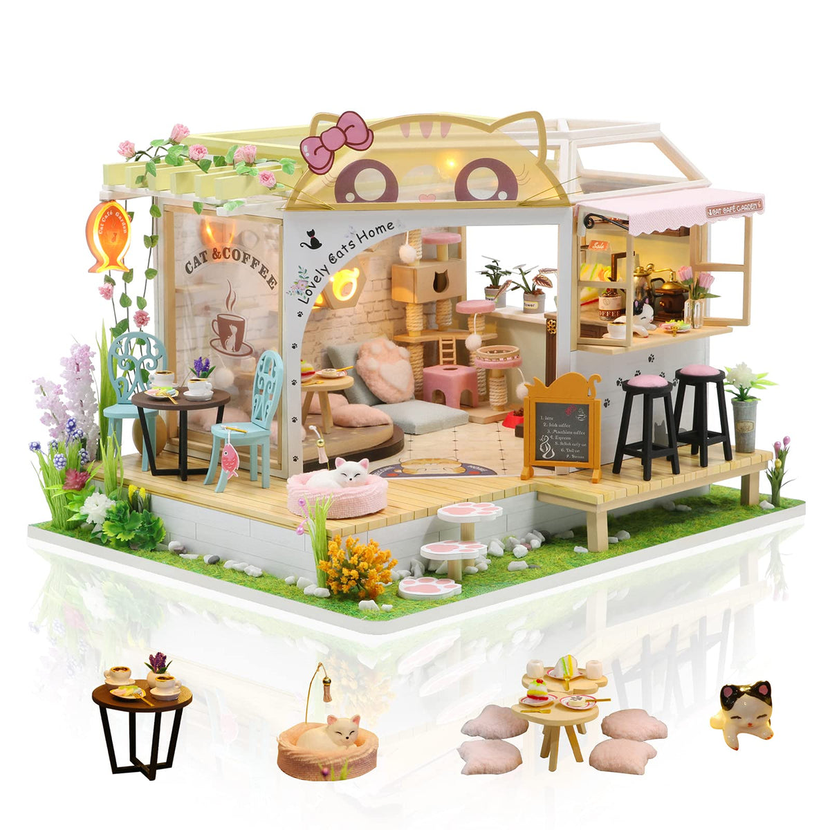 DIY Cat Café Miniature Wooden Dollhouse Kit