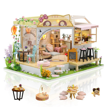 DIY Cat Café Miniature Wooden Dollhouse Kit