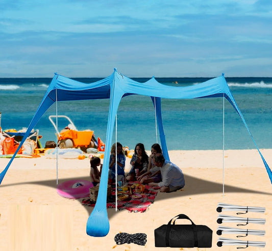 Beach Canopy with 4 Aluminium Poles – UPF 50+ Large Portable Sun Shelter (300 × 300 cm)