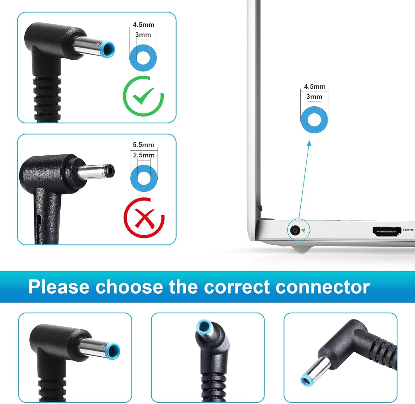 HP Laptop Charger 65W Blue Tip Power Adapter