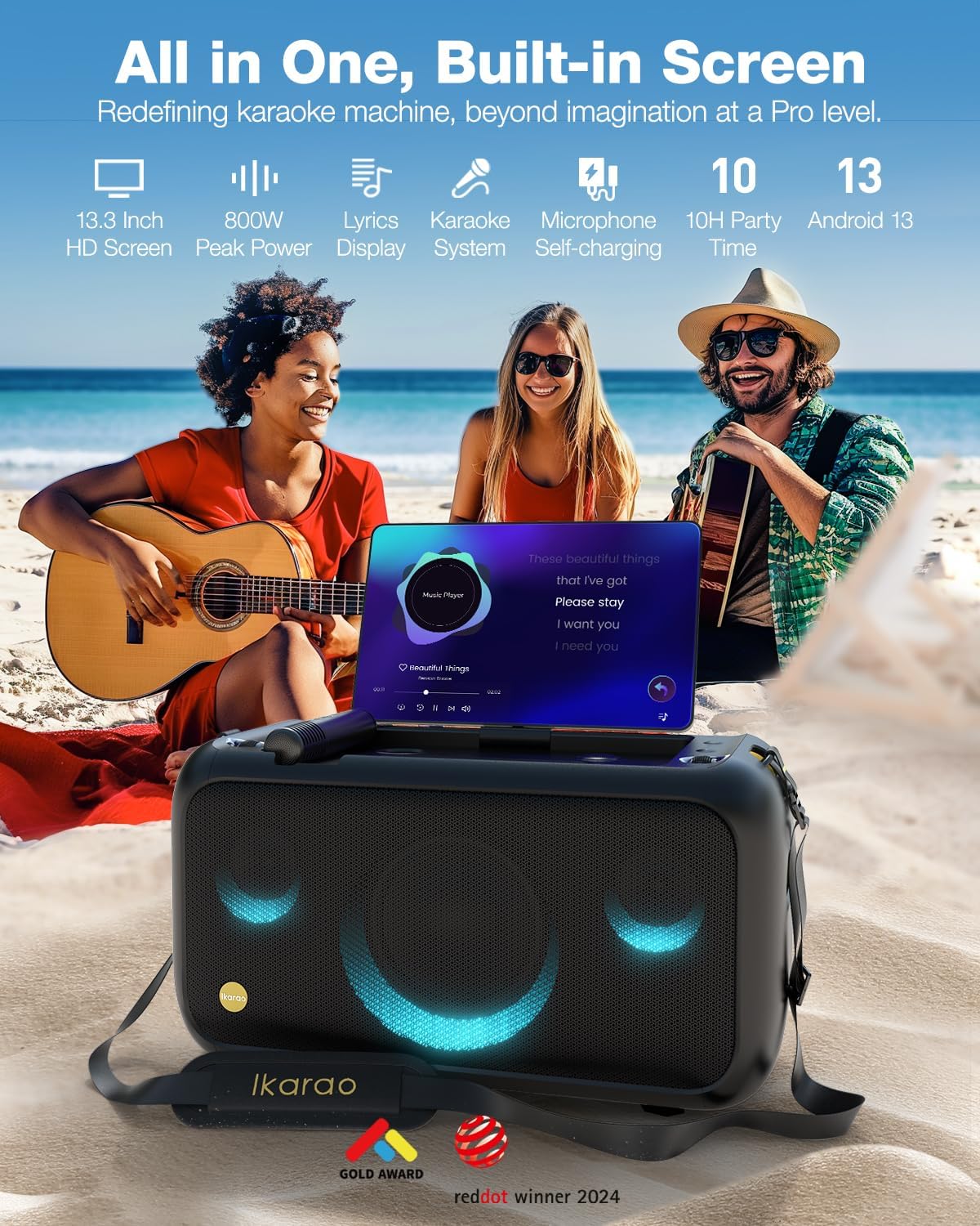 Ikarao Break X1 Karaoke Machine System With 13.3″ Touch Screen Wireless Mic