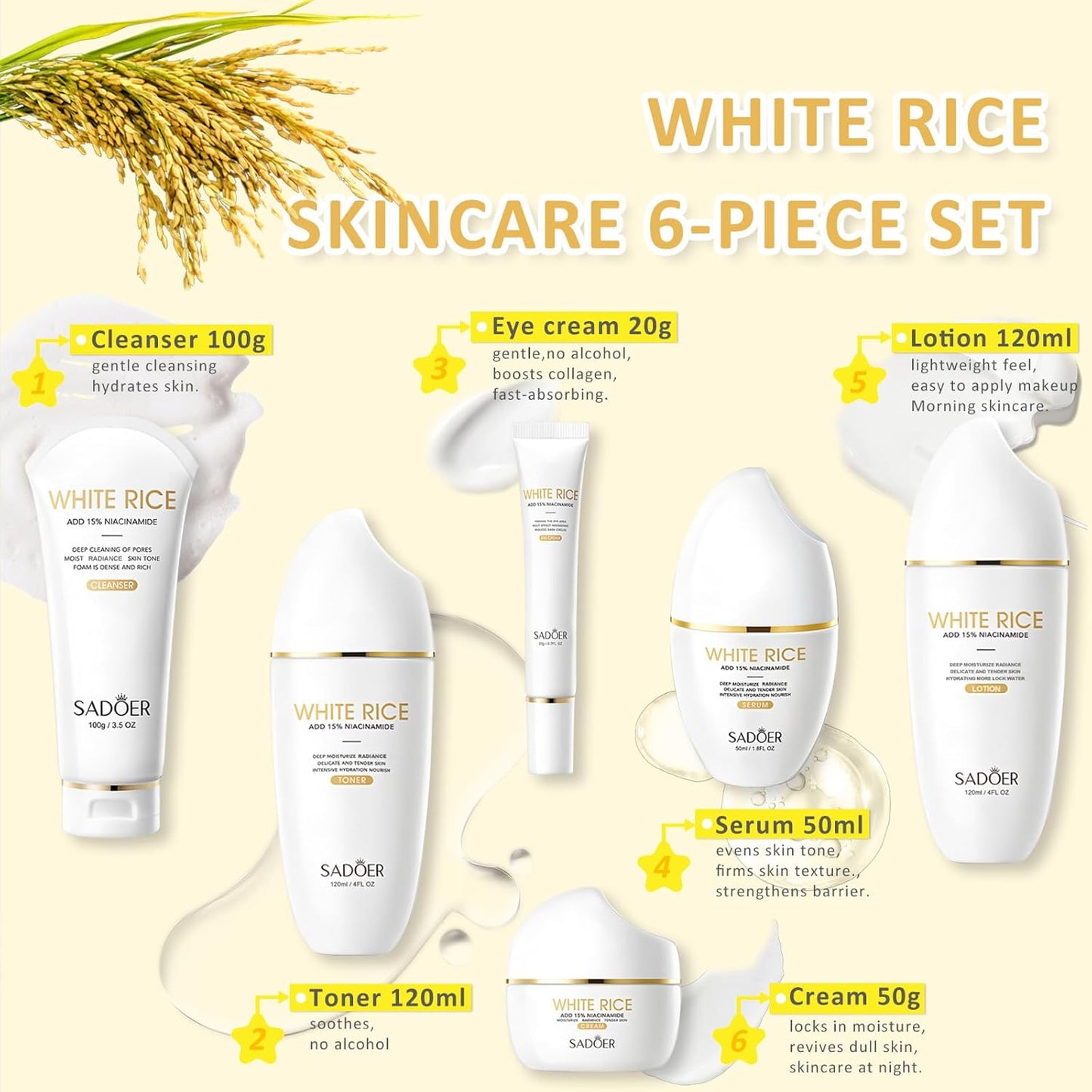 SADOER Rice Niacinamide Skincare Set - 6 Piece Firming Skincare Kit