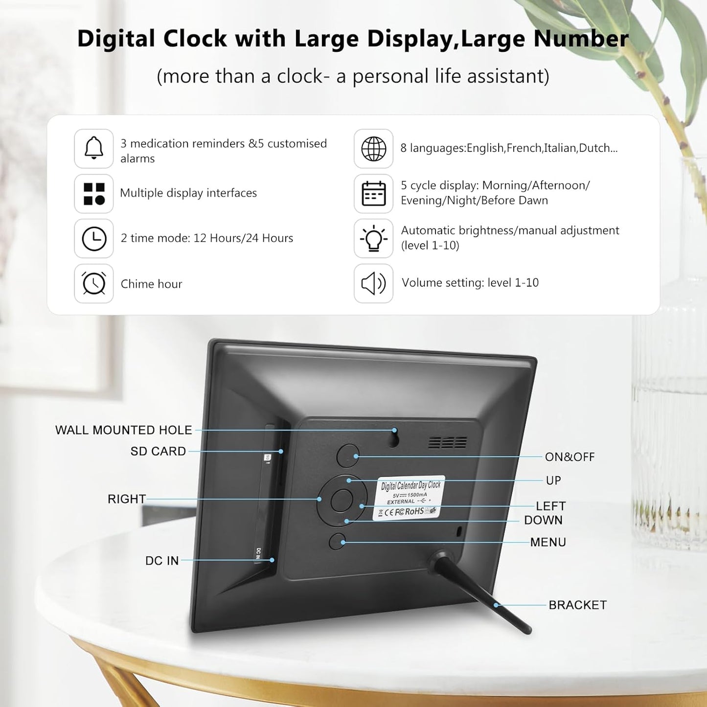 8inch LED Dementia Digital Calendar Clock Alarm Extra Large Day/Week/Month/Year