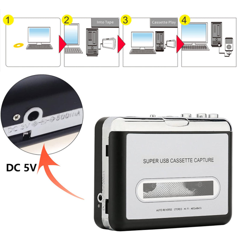 Cassette Player Portable Tape Player Captures MP3 Audio Music via USB Silver