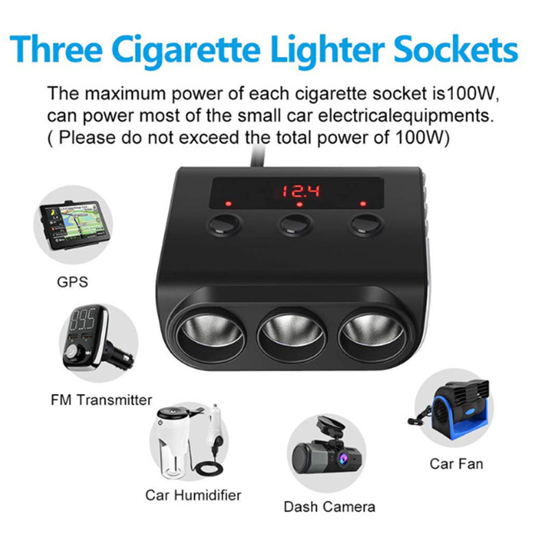 Car Cigarette Lighter Adapter 12V/24V 3-Sockets Vehicles Lighter with 4 USB