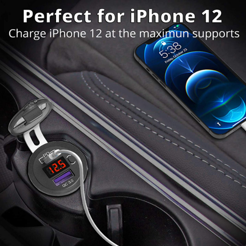 12V USB C Car Charger Socket Dual PD & QC 3.0 Ports Car Adapter with 60cm Wire Blue