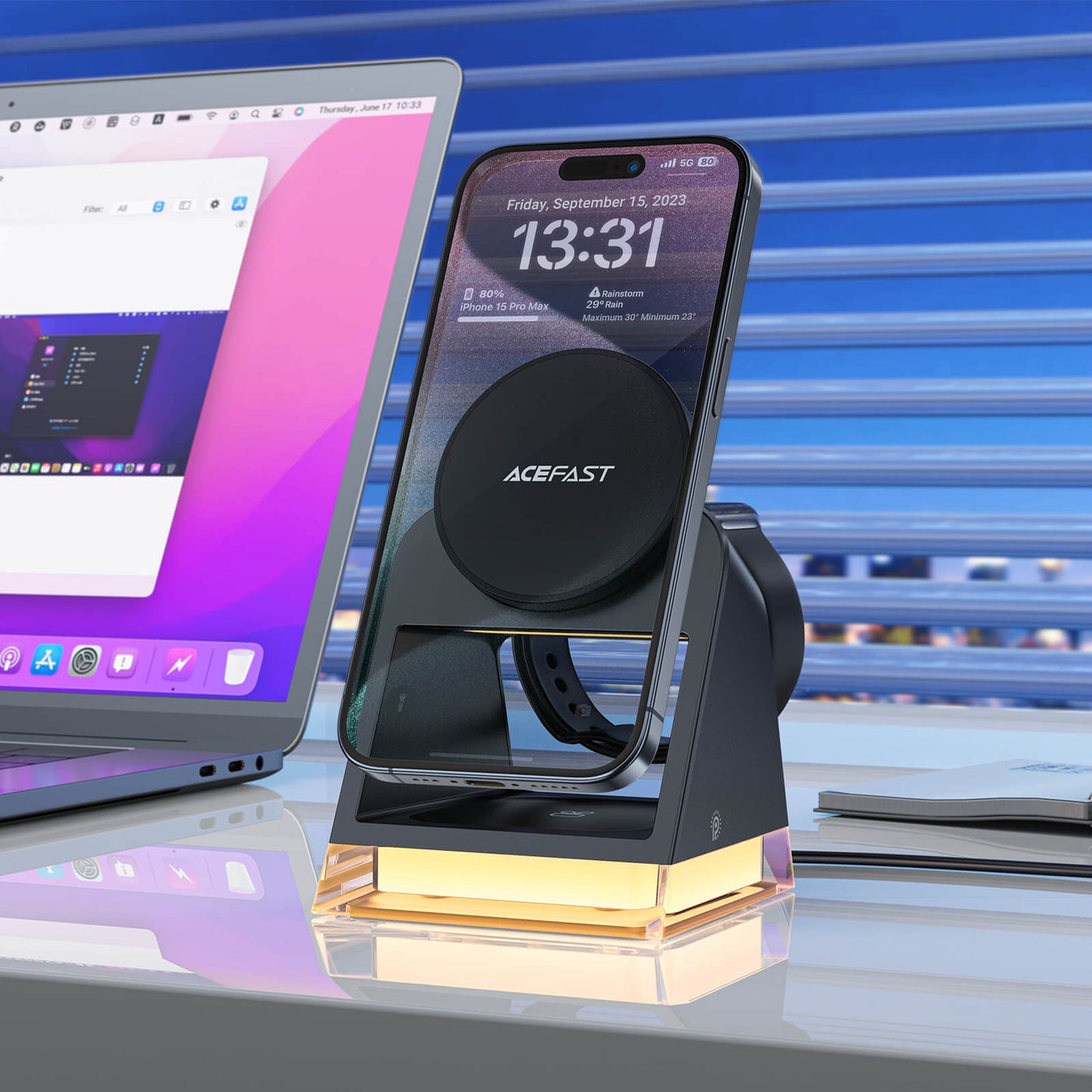 Acefast 3-in-1 15W Fast Wireless Magsafe Charging Stand with Ambient Light E17