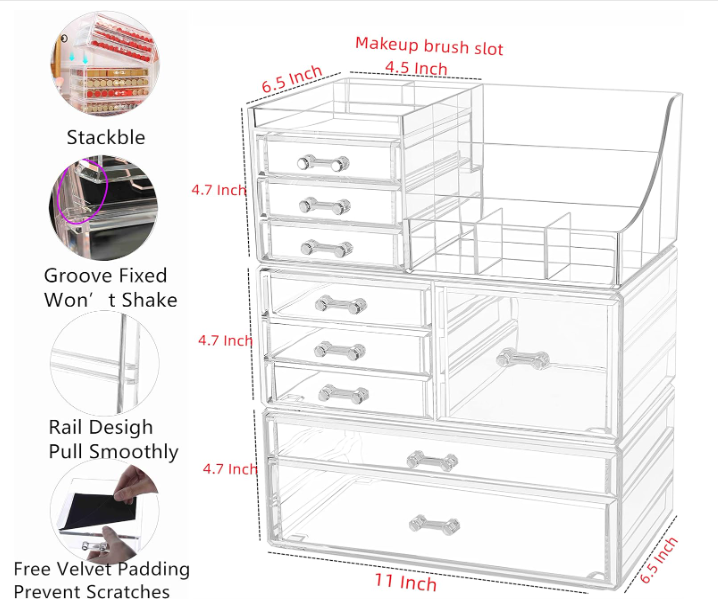 Acrylic Clear Makeup Storage Organizer Drawers Large Cosmetic Display 7