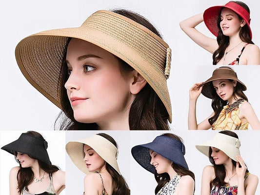 WHITE Foldable Roll Up Sun Beach Straw Visor Hat Summer Kid Wide Brim Cap