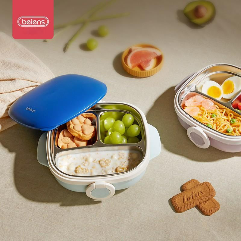 800ml Thermal Stainless Steel 3 Grids Suction Plate /Bowl Tableware -Blue