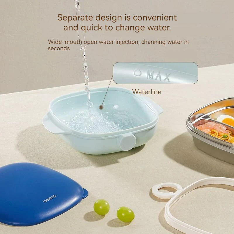 800ml Thermal Stainless Steel 3 Grids Suction Plate /Bowl Tableware -Blue