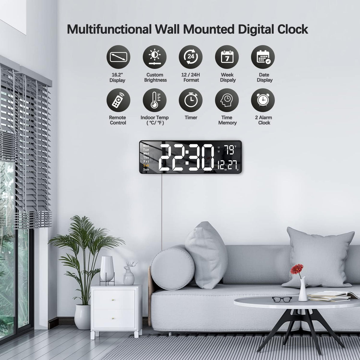 Large Digital Wall Clock 16" with Remote Control USB Powered