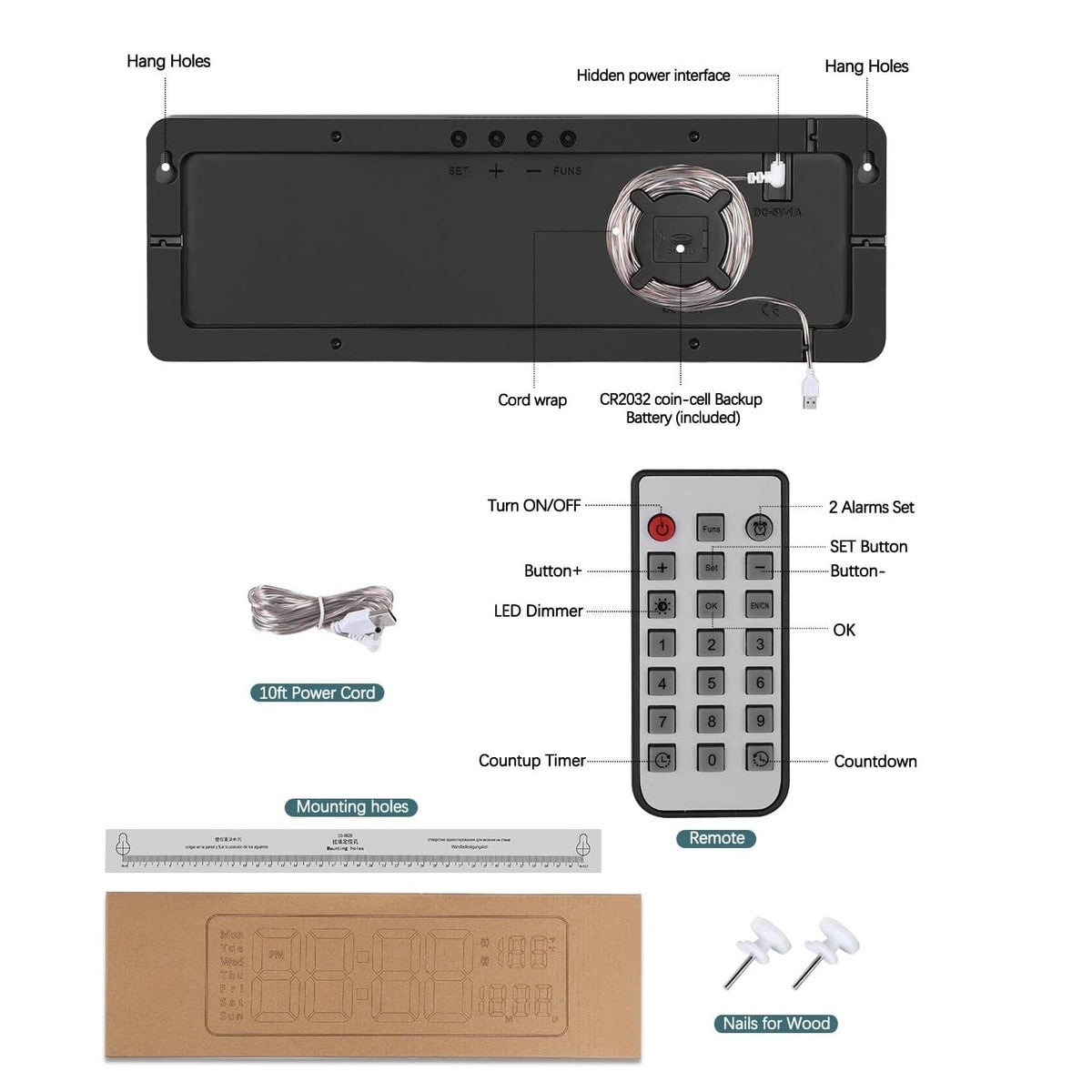 Large Digital Wall Clock 16" with Remote Control USB Powered