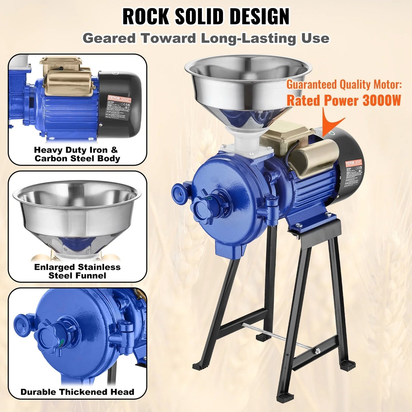3000W Electric Grain Mill Grinder Machine for Commercial Home Coffee Bean Spice Corn Wheat Flour Rice Nut Cereal Tofu Sorghum Milling Refining