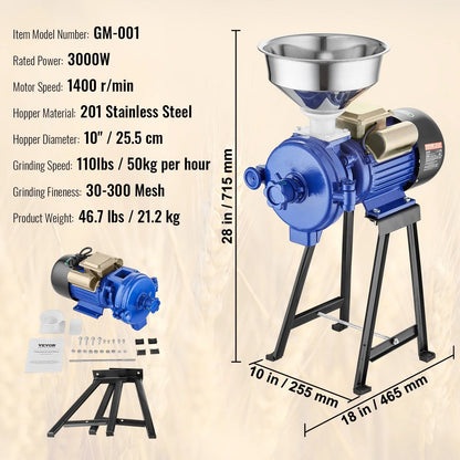 3000W Electric Grain Mill Grinder Machine for Commercial Home Coffee Bean Spice Corn Wheat Flour Rice Nut Cereal Tofu Sorghum Milling Refining