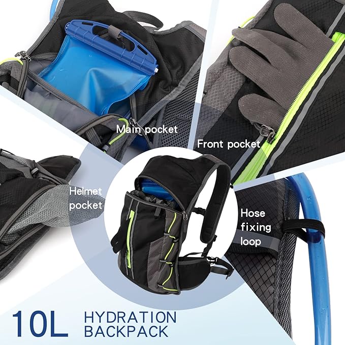 Hydration Backpack with 2L Water Bladder - 10L Hiking & Cycling Rucksack BDXJ50112
