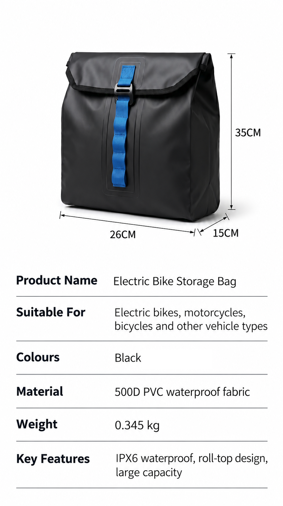 Waterproof Roll-Top Bag for E-Bikes, Motorcycles & Bicycles XY13451