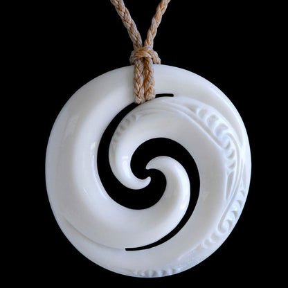 Engraved medium Double Koru, handcrafted bone pendant