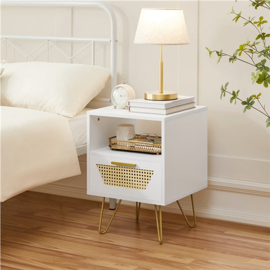 Wooden Nightstand Rattan Veneered Bedside Table