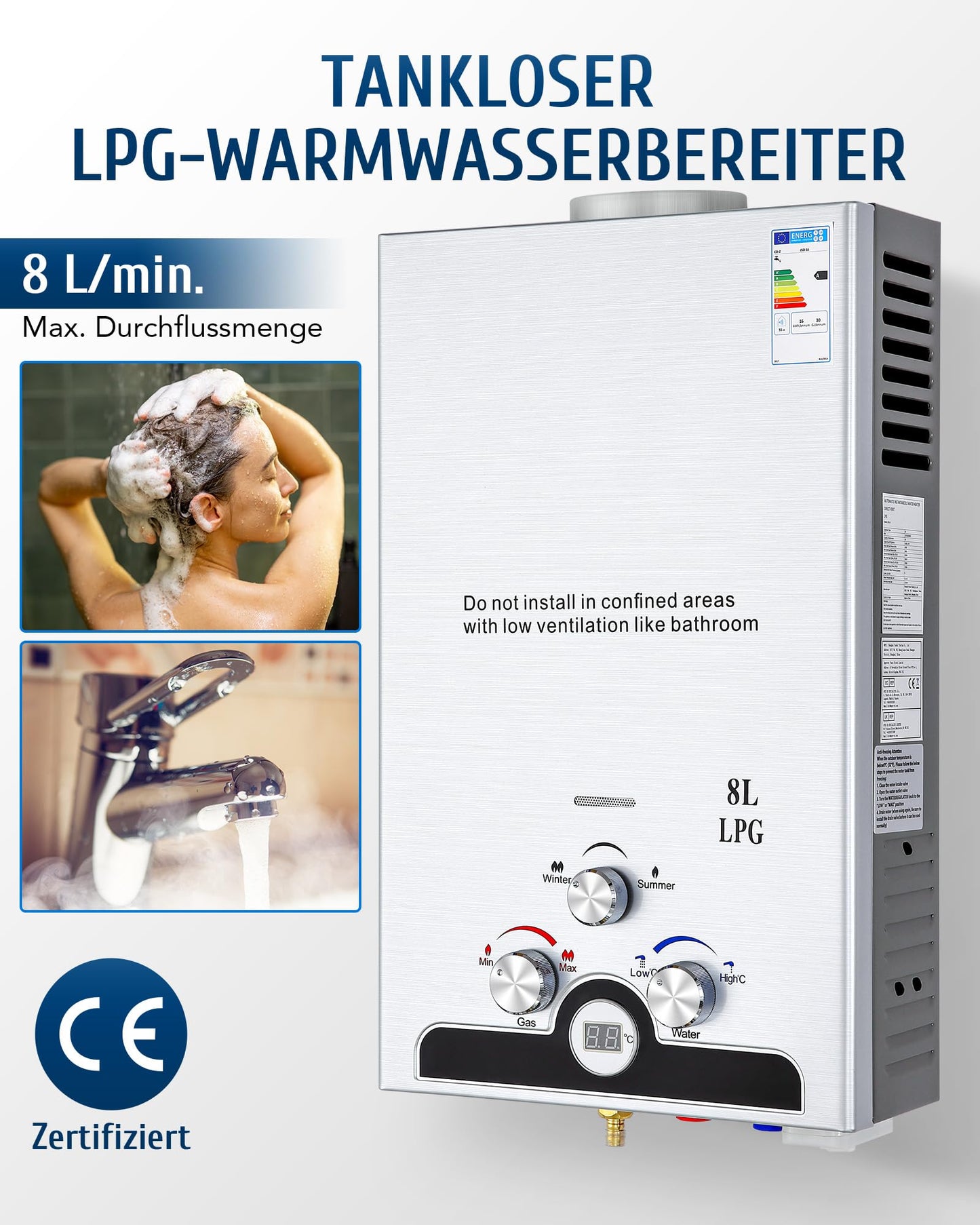 Gas Water Heating System 8L Outdoor Camping Instant Hot Water System