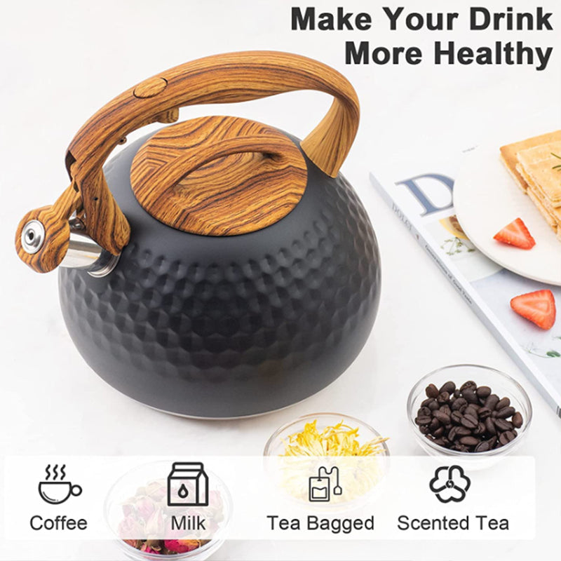 Whistling 304 Stainless Steel Diamond Pattern Tea Kettle with Wood Grain Handle