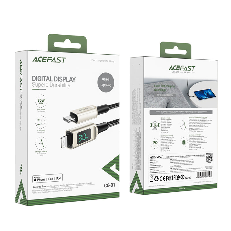 Acefast Type-C to Lightning Zinc Alloy Digital Display Braided Charging Data Cable C6-01
