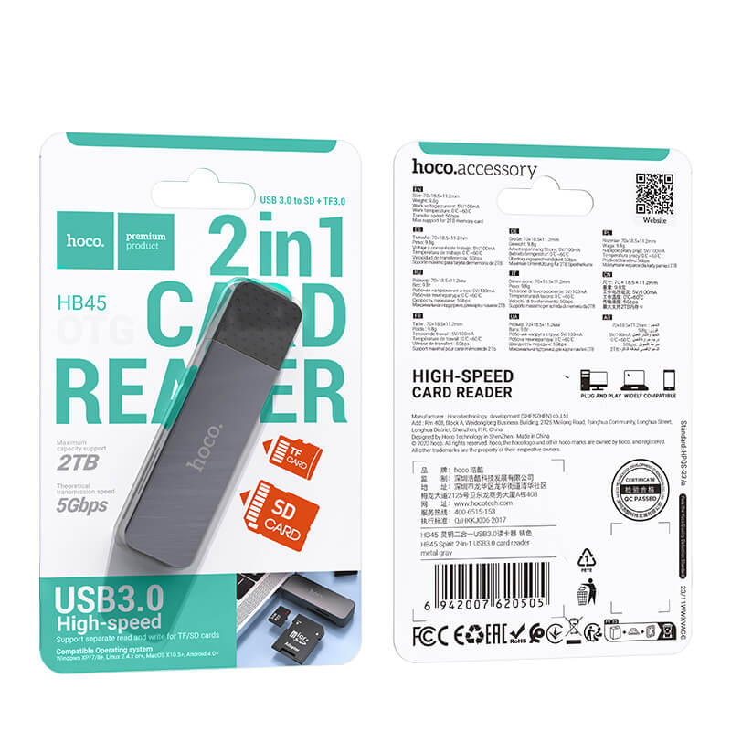 Hoco Compact USB 3.0 High Speed Dual Slot SD TF Memory Card Reader HB45