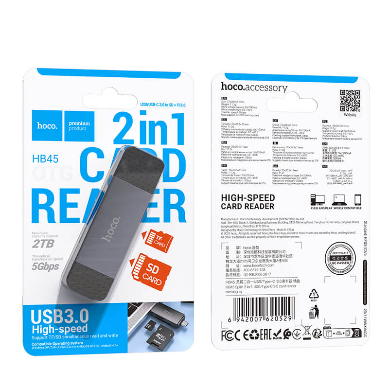 Hoco USB-C & USB-A 3.0 High Speed Card Reader for SD & TF Card HB45