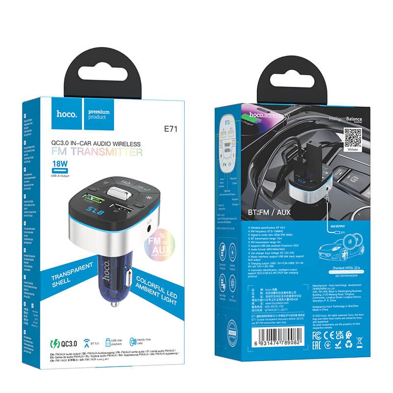 Hoco QC3.0 18W In-Car Audio Wireless Bluetooth FM Transmitter E71