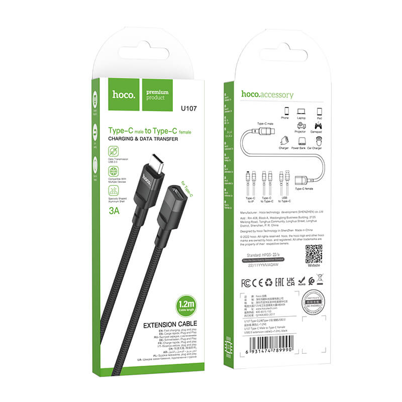 Hoco High Performance Type-C Male to Female Extension Cable 1.2M U107C
