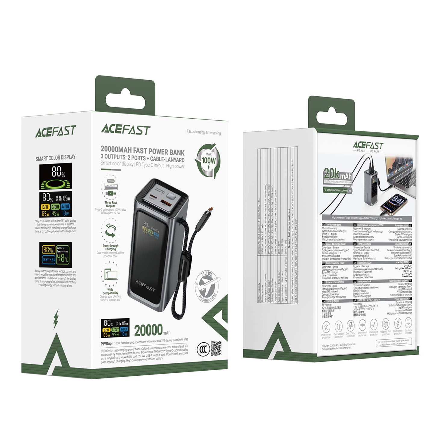 Acefast 100W Fast Charging Portable 20000mAh Power Bank with and TFT Screen M33-20000