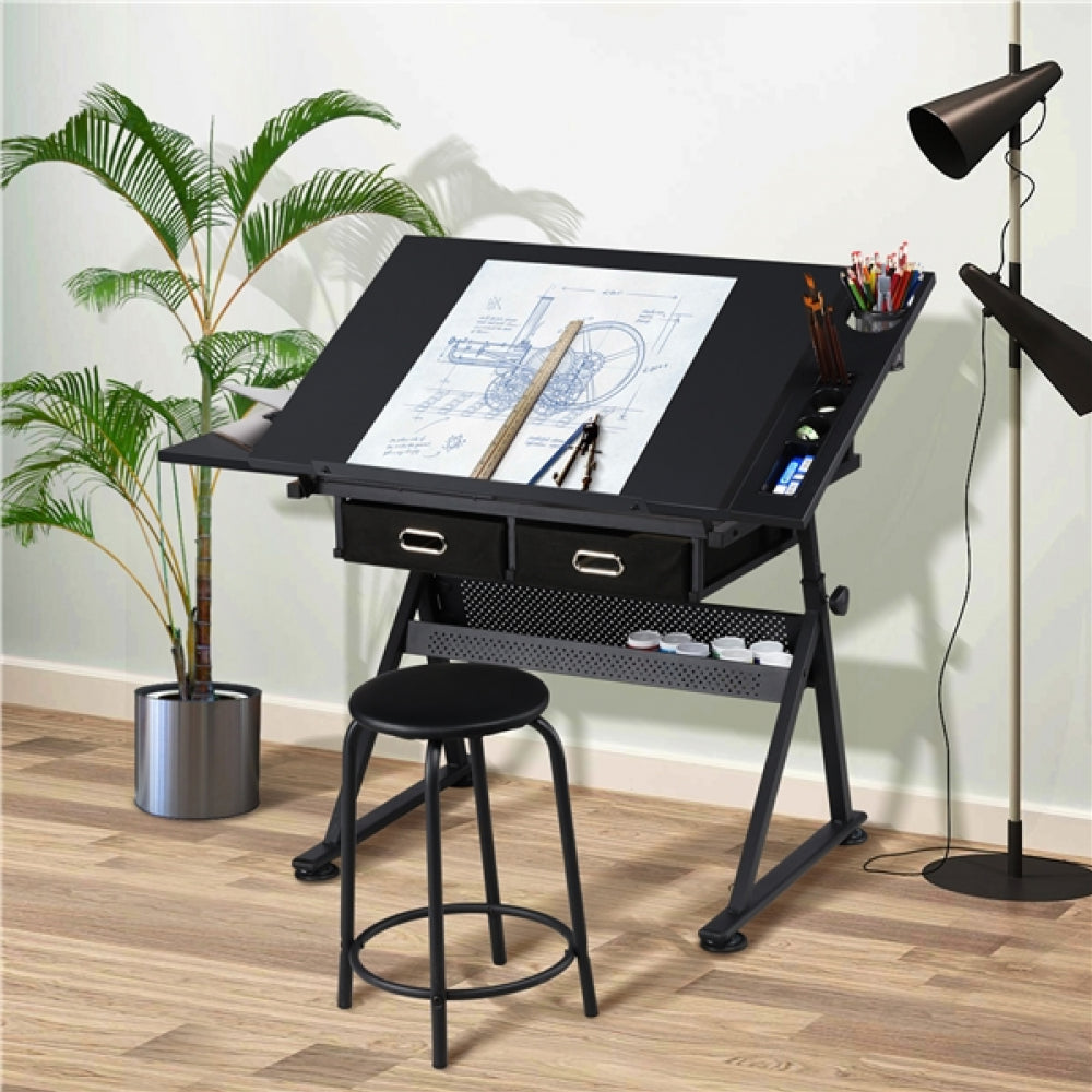 Drafting Table/Stool Set with Adjustable Table Angles & Heights All-in-One