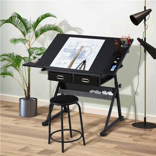 Drafting Table/Stool Set with Adjustable Table Angles & Heights All-in-One